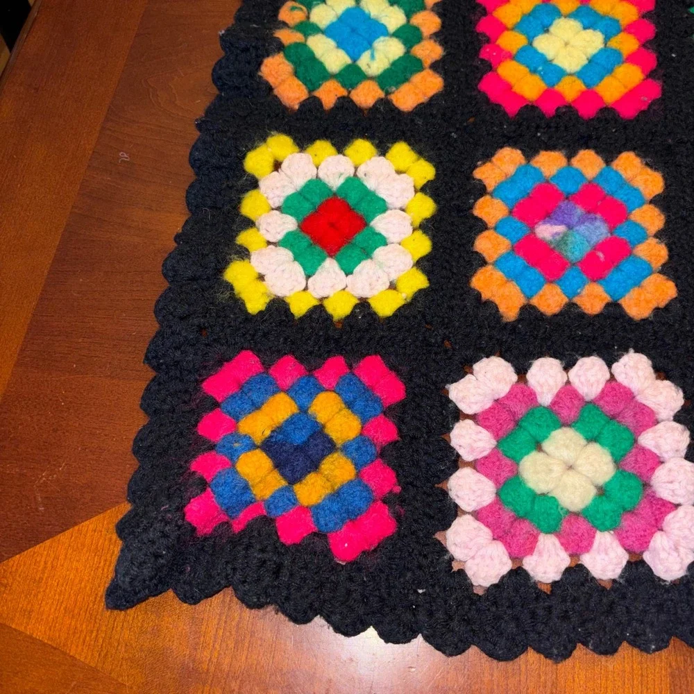 Vintage Handmade Crochet Granny Square Blanket Black Multi Bobble Stitch 60x49‎